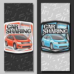 Vector banners for Car Sharing, signage with red and blue cartoon subcompact hatchback and smartphone, original lettering for words car sharing, innovation design signboard with abstract background.