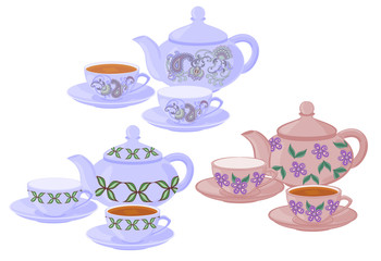 Teapots and cups with different patterns. Vector set of isolated teapots, cups of tea and empty cups.
