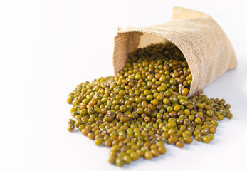 Green mung beans in a sack.