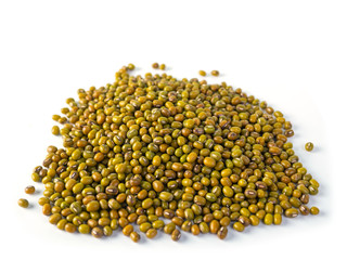 Green mung beans on white background.