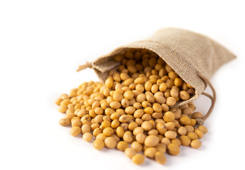 Raw dried soybeans in a sack on white background.