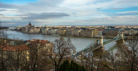 Aerial view of Chain Bridge over Danube river in Budapest