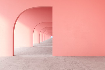 Pink, rose quartz color architectural corridor with empty wall, concrete floor, horizon line. 3d render illustration mock up