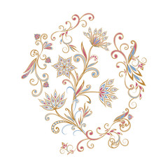 Abstract vintage pattern with decorative flowers, leaves and Paisley pattern in Oriental style.