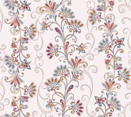 Abstract vintage pattern with decorative flowers, leaves and Paisley pattern in Oriental style.