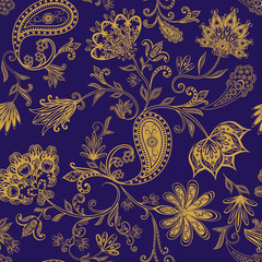 Abstract vintage pattern with decorative flowers, leaves and Paisley pattern in Oriental style.
