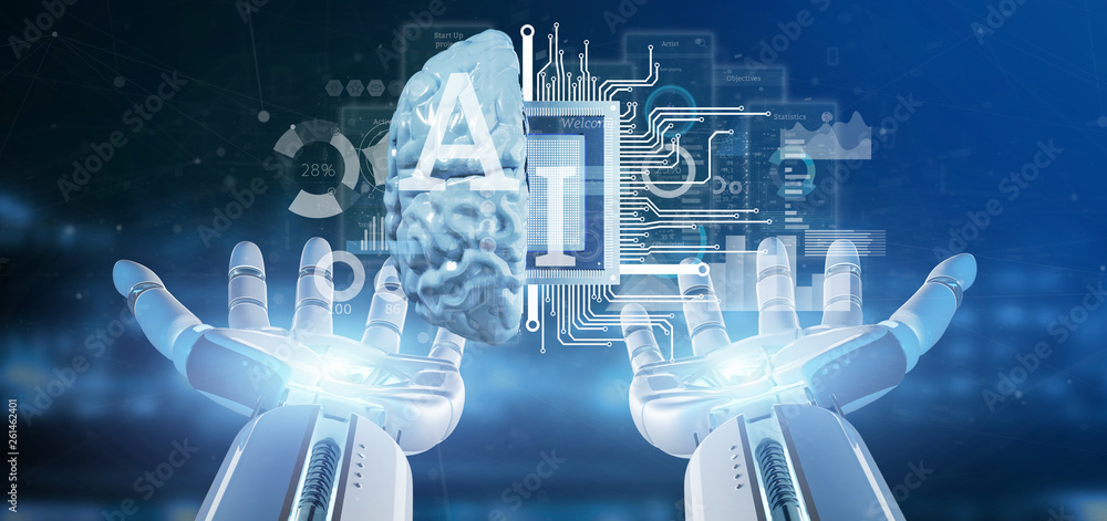 Poster cyborg hand holding artificial intelligence icon with half brain and half circuit 3d rendering