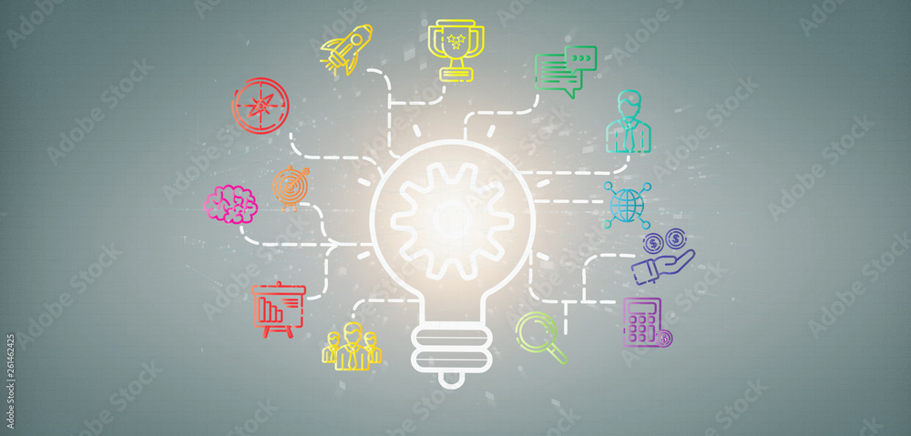 Poster bulb lamp idea concept with start up icon connected 3d rendering