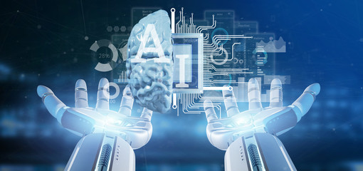 Cyborg hand holding artificial intelligence icon with half brain and half circuit 3d rendering