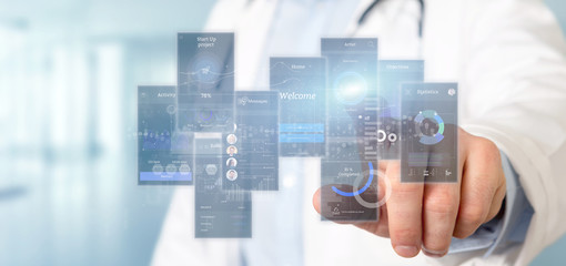Doctor holding User interface screens with icon, stats and data 3d rendering