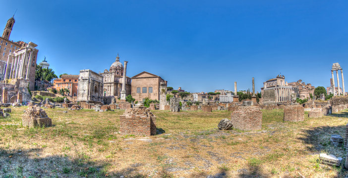 A view of Roman Forum in Rome at sunny summer day