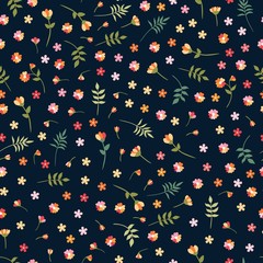 Ditsy naadloos bloemenpatroon met kleurrijke wilde bloemen en bladeren op zwarte achtergrond. Mooie vectorillustratie. Mode ontwerp.