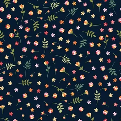 Tapeten Kleine Blumen Ditsy nahtloses Blumenmuster mit bunten wilden Blumen und Blättern auf schwarzem Hintergrund. Schöne Vektorillustration. Mode-Design.