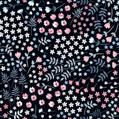Ditsy seamless floral pattern with small flowers and leaves on black background. Trendy summer design.