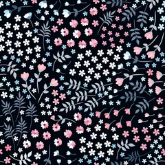 Papier peint Petites fleurs Motif floral harmonieux de petites fleurs et feuilles sur fond noir. Design d& 39 été tendance.