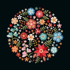 Round composition with bright embroidery flowers and leaves on black background. Fashion print.