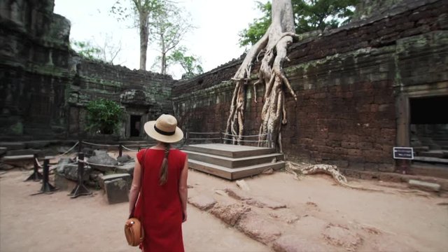 Slow motion of woman taking photos of huge banyan roots in famous Ta Prohm temple, Angkor Wat complex. Cambodia. UNESCO inscribed Ta Prohm on the World Heritage List in 1992