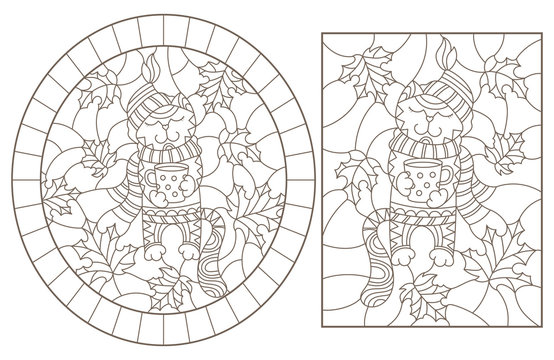 Set of contour illustrations of stained glass with funny cats on leaves , dark contours on white background