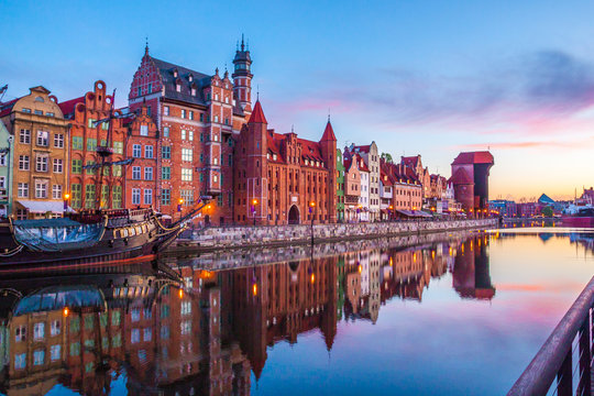 Gdansk old town and famous crane at amazing sunrise. Gdansk. Poland