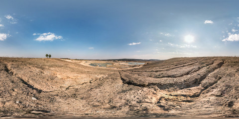 full seamless hdri panorama 360 degrees angle view near quarry flooded with water for sand extraction mining in the evening sun in equirectangular spherical equidistant projection for VR AR content