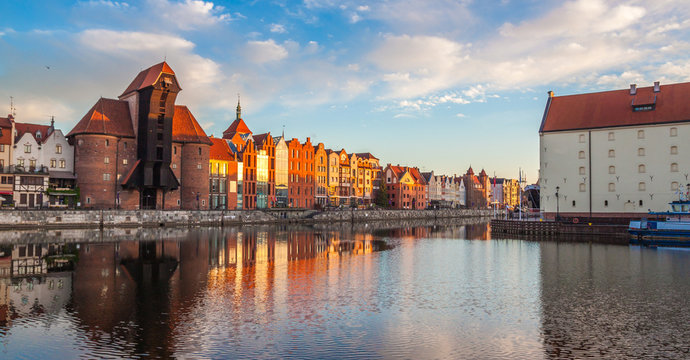 Gdansk old town and famous crane at amazing sunrise. Gdansk. Poland