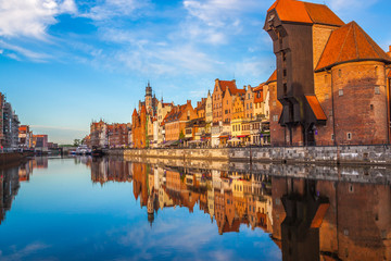 Gdansk old town and famous crane at amazing sunrise. Gdansk. Poland