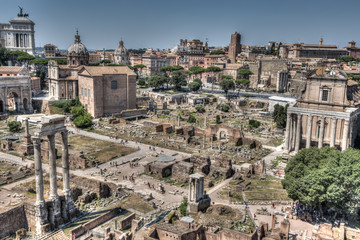 Fototapeta na wymiar A aerial view of Roman Forum in Rome at sunny summer day