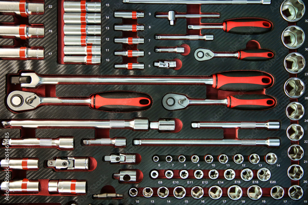 Wall mural texture of a set of wrenches for car service. background of tool box with different wrenches and oth