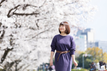 桜並木を散歩する女性