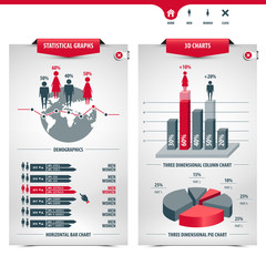set of charts and demographics containing statistical graphs, info graphic elements, icons, 3d charts, column chart, pie chart, horizontal bar chart, line graph, globe shape, eps10 vector illustration - 261468652