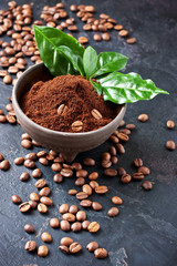 Ground coffee in ceramic bowl