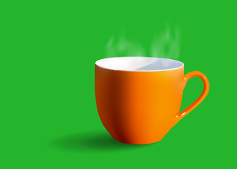 Orane cup of coffee with white smoke on green background.