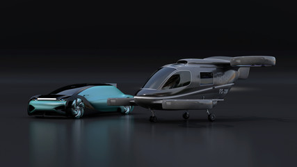Autonomous electric car and passenger drone parking on black background. MaaS concept. 3D rendering image.
