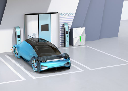 Fuel Cell powered autonomous car filling gas in Fuel Cell Hydrogen Station. 3D rendering image.