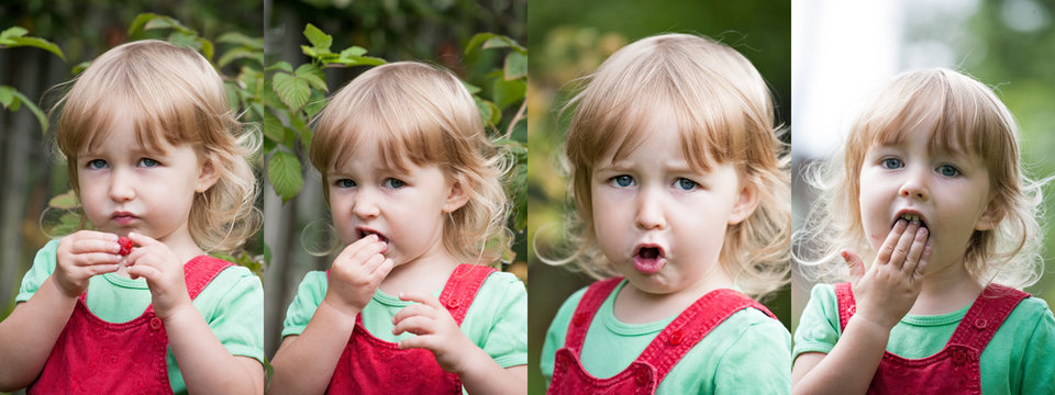 collage of photos with  child girl chewing raspberry closeup face view