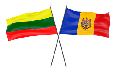 Lithuania and Moldova, two crossed flags isolated on white background. 3d image