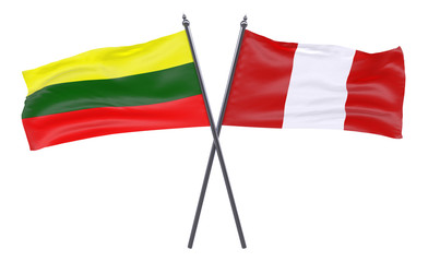 Lithuania and Peru, two crossed flags isolated on white background. 3d image