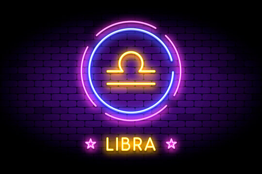 The Libra zodiac symbol, horoscope sign in trendy neon style on a wall. Libra astrology sign with light effects for web or print.