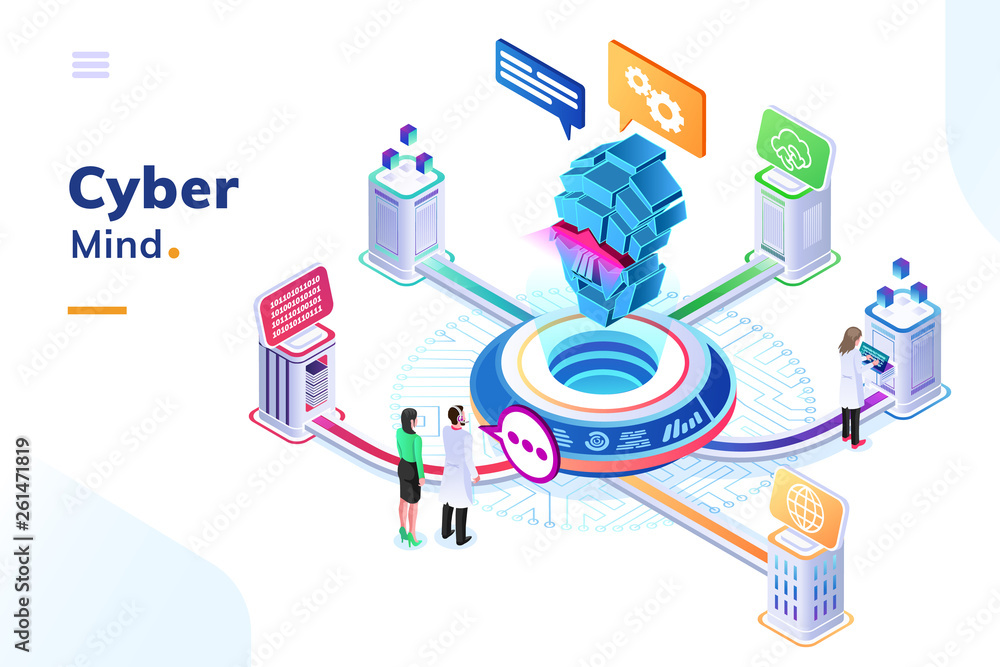 Leinwandbilder Computer mind or artificial intelligence brain at isometric office with people. AI connected to digital cloud doing calculation and analytic. Big data center or datacenter server. Future technology