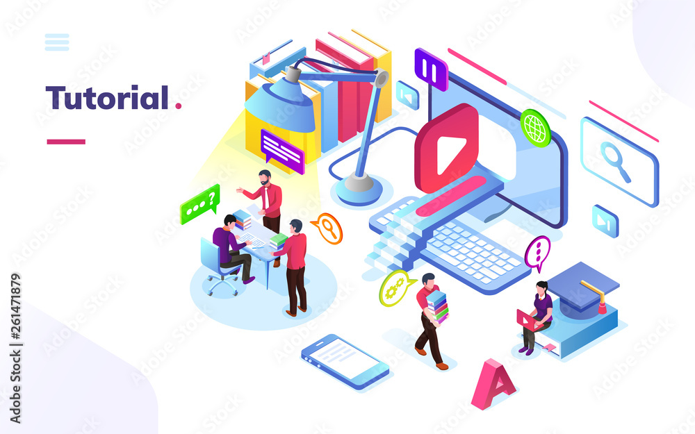 Poster People learning online video tutorial. Isometric virtual training room. Internet study or web course technology. E-learning school or college, university or video service banner. Coaching and lesson