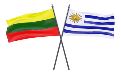 Lithuania and Uruguay, two crossed flags isolated on white background. 3d image