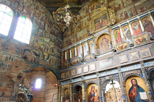 Drohobych, Ukraine - May 20 2018- Ancient Mural at St. George's Church in Drohobych, Ukraine. It is part of the World Heritage Site - Wooden Tserkvas of the Carpathian Region in Poland and Ukraine.