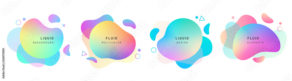 Aufkleber Set of isolated abstract liquid shapes. Elements for gradient fluid design. Background with dynamic forms and and circles. Colorful halftone overlapping splash. Modern graphic composition
