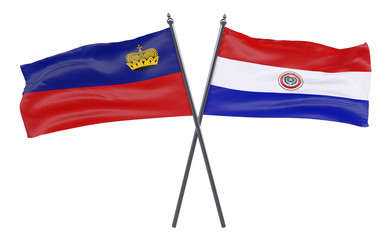 Liechtenstein and Paraguay, two crossed flags isolated on white background. 3d image