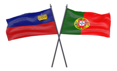 Liechtenstein and Portugal, two crossed flags isolated on white background. 3d image