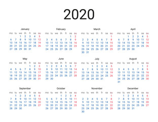 2020 year English calendar. Classical, minimalistic, simple design. White background. Vector Illustration. Week starts from monday.
