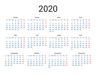 2020 year French calendar in French language. Classical, minimalistic, simple design. White background. Vector Illustration. Week starts from monday.