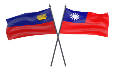 Liechtenstein and Taiwan, two crossed flags isolated on white background. 3d image