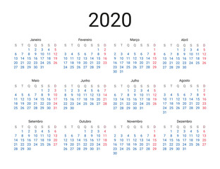 2020 year Portuguese calendar in Portuguese language. Classical, minimalistic, simple design. White background. Vector Illustration. Week starts from monday.