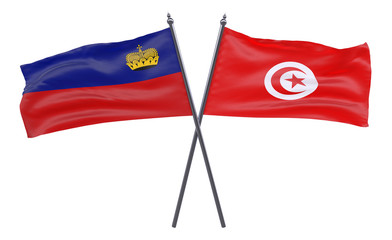 Liechtenstein and Tunisia, two crossed flags isolated on white background. 3d image